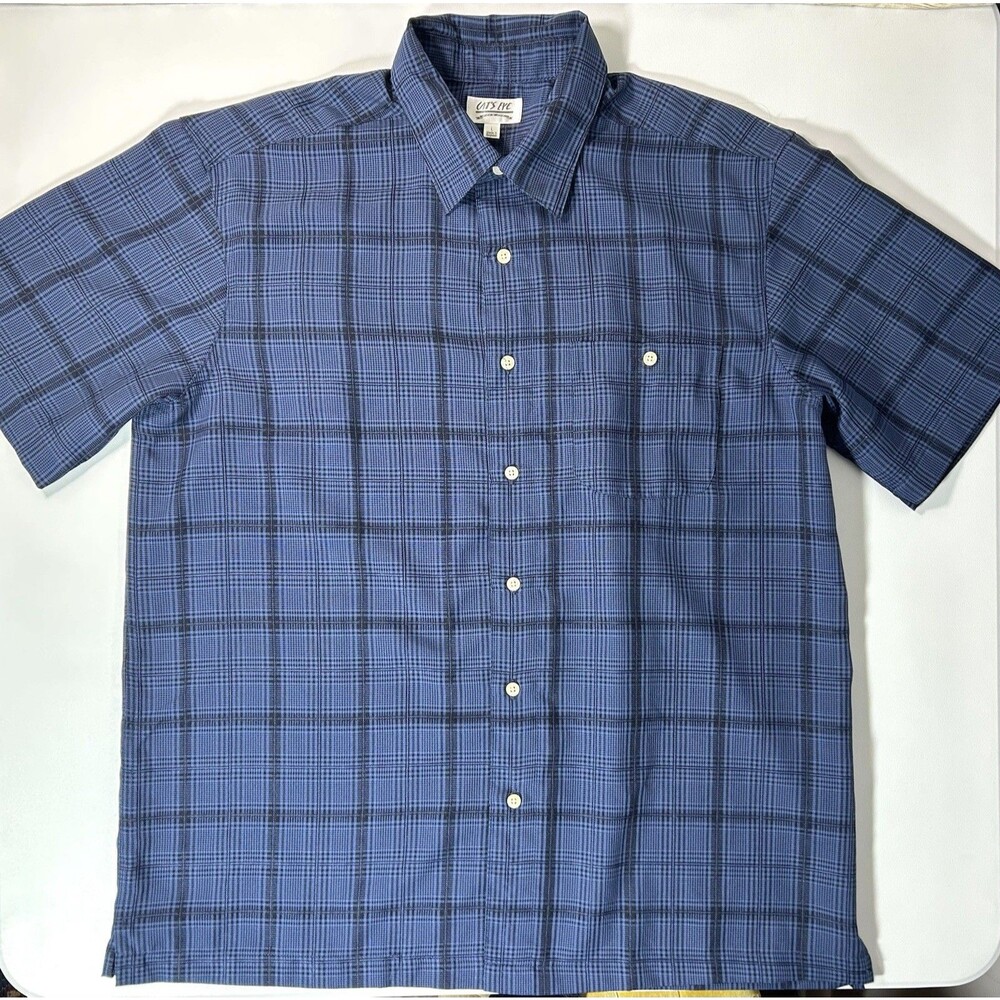 Cats Eye Button Up Large Shirt Men's Blue Plaid Grid Short Sleeve
